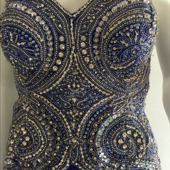 Beaded strapless Blue Silver Maxi Dress Size 44 (US 12) - Picture 5 of 9